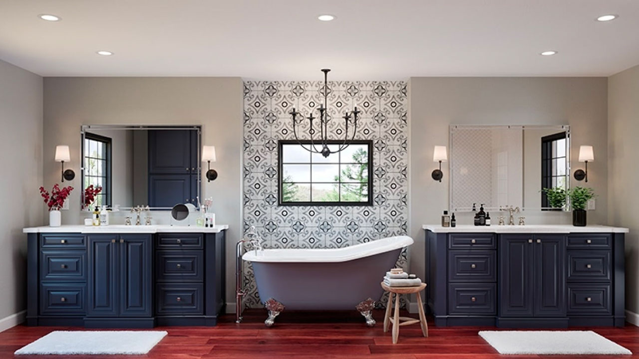 Elevating Bathroom Décor with Painted Navy Cabinetry