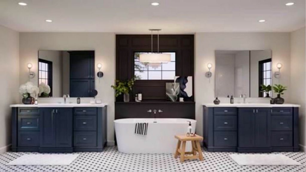 Elevating Bathroom Décor with Painted Navy Cabinetry